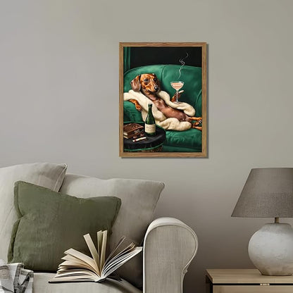 Framed Funny Dachshund Wall Art, Playful Dog Canvas Print with Martini and Cigar, Humorous Animal Poster, Abstract Dog Wall Decor for Living Room Bedroom, Gift for Pet Lovers 12x16 inch