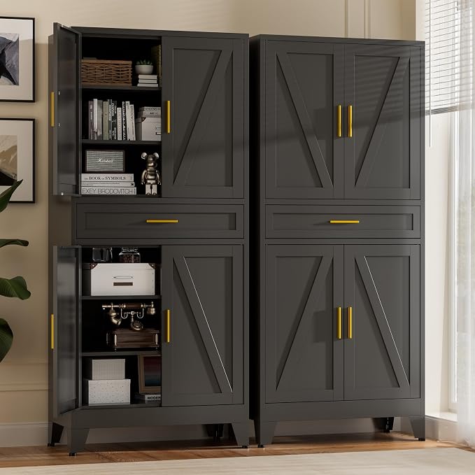 Baborokic 71" Tall Metal Storage Cabinet with Drawer and Adjustable Shelves,Farmhouse Kitchen Pantry Storage Cabinet with Doors,Large Wide Cabinets for Craft Room,Office,Dining Room,Kitchen(Black)