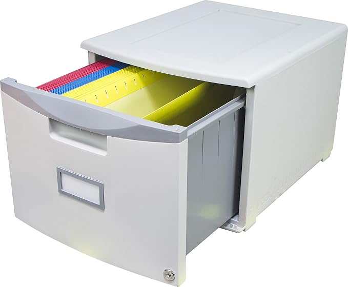 Storex Plastic One-Drawer File Cabinet – Locking Document Organizer for Home and Office, Gray, 2-Pack (61261A02C)