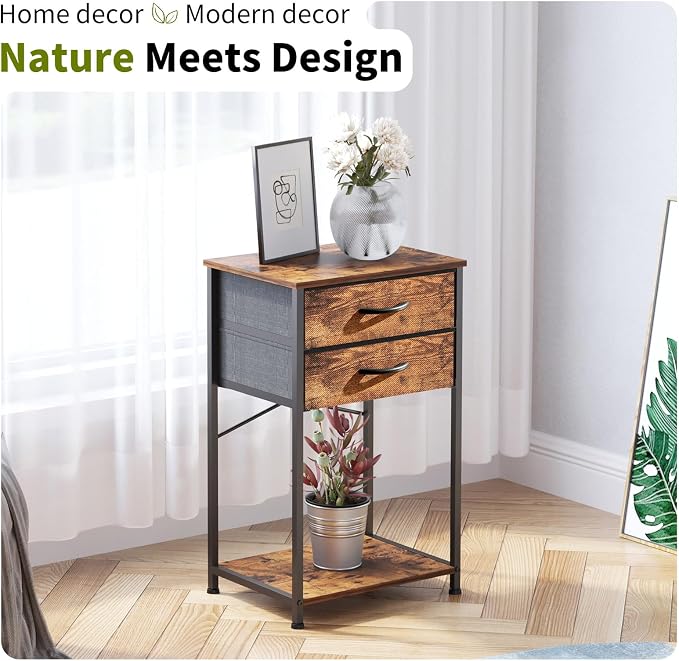 Small Printer Stand with Fabric Drawer & Storage Side Table | Sturdy compact build, works as nightstand end table & accent table. Ideal for bedroom living room & home office daily storage