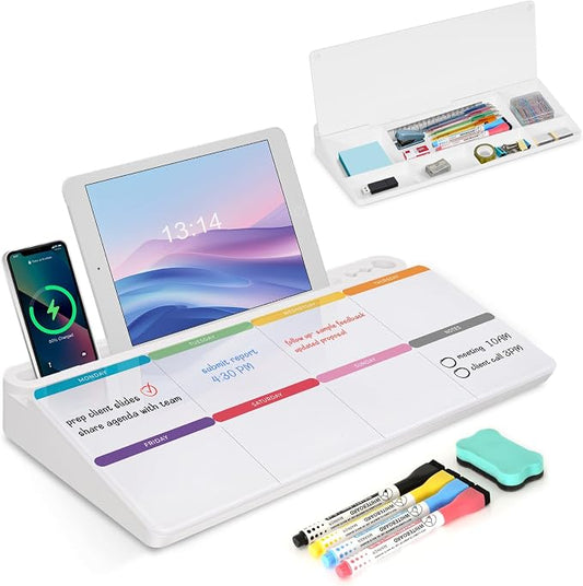 Desktop Glass Whiteboard with Storage, Colorful Weekly Calendar Desk Dry Erase White Board, Desk Organizers and Accessories, Weekly Planner Board with Notes for Planning, Memo, Office, Home, School