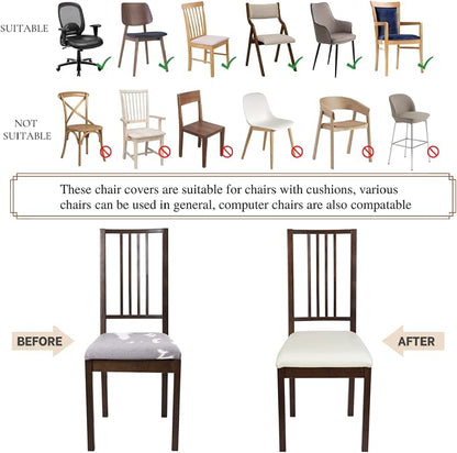 SearchI Waterproof PU Leather Seat Covers for Dining Chairs, 6 Pack Stretch Dining Room Chair Seat Covers, Kitchen Chair Seat Covers Protectors (Cream)