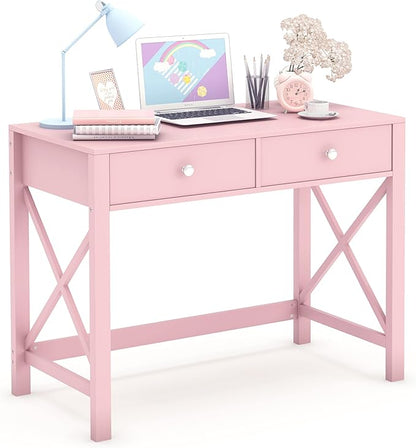 WiberWi Home Office Desk with Drawers, Modern Writing Computer Desk for Bedroom, Small Makeup Vanity Table Study Table for Home Office,Pink