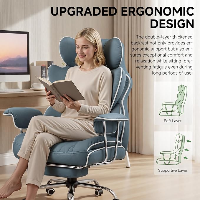 COMHOMA Big and Tall Gaming Chair with Pocket Spring Lumbar Support, Ergonomic Office Chair with Footrest, Executive Desk Chair with Outward Fixed Soft Armrests, Computer Chair with High Back, Blue
