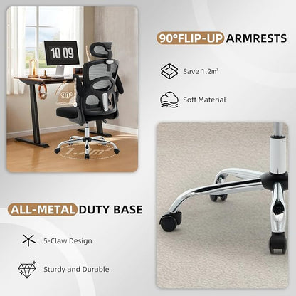 Office Chair Ergonomic Desk Chair - Home Mesh Office Desk Chair with Wheels, High-Back Computer Gaming Chair with Adjustable Headrest, Rolling Swivel Task Chairs for Home, Office, Gaming Room, Black