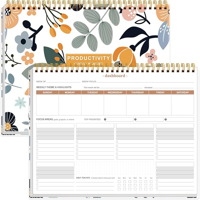 Weekly Productivity Planner - 8.5" x 11" Dashboard Desk Notepad Has 6 Focus Areas to List Tasks for Goals, Projects, Clients, Academic or Meal-Organize Your Daily Work Efficiently, 54 Weeks, Rose Flower