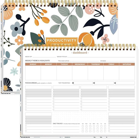 Weekly Productivity Planner - 8.5" x 11" Dashboard Desk Notepad Has 6 Focus Areas to List Tasks for Goals, Projects, Clients, Academic or Meal-Organize Your Daily Work Efficiently, 54 Weeks, Rose Flower