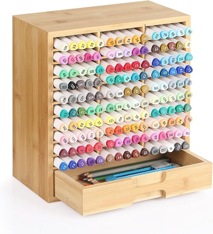 AUTOARK Bamboo Marker Organizer for 150 Markers,AHK-060 | Desktop Storage with Drawers,Art Markers Pens Pencils Brushes