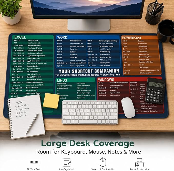 Excel Cheat Sheet Desk Pad Set, 3-Piece Office Shortcut Mouse Pad with Keyboard Wrist Rest & Mouse Wrist Rest, Excel Word PowerPoint Windows Shortcut Mat for Accountants, Students, Carbon Black