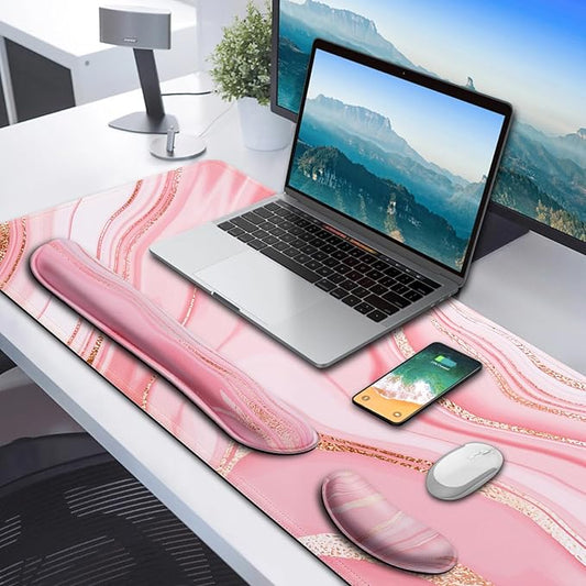 Gimars 4 in 1 Mouse Pad and Keyboard Wrist Rest Set, Large Mouse Pad with Memory Foam Wrist Support Pad for Desk with Coaster, Easy Typing Pain Relief, Gaming Office Home, 31.5x12 inch, Pink Golden