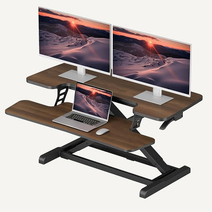SANODESK 36" Standing Desk Converter, Smooth Mechanical Spring Effortless Lift Sit-Stand Riser for Dual Monitors, Heavy Duty Workstation with Keyboard Tray, Walnut