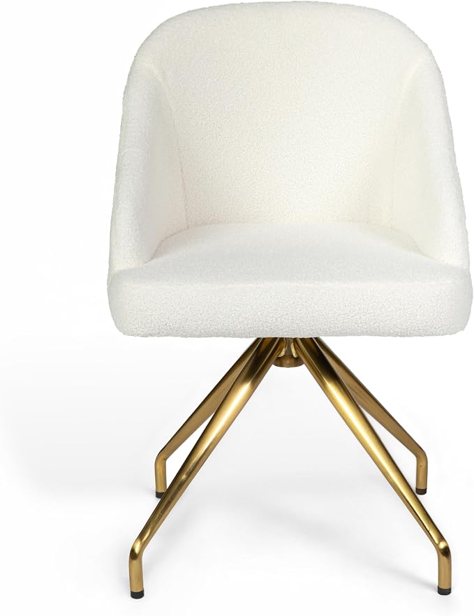 Martha Stewart Sora Stationary Swivel Task Chair with Sloped Arms for Home Office in Off White Boucle with Polished Brass Frame