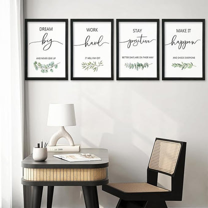Inspirational Quote Wall Art 11x16–Motivational Office Decor,Wood Frame 4Pc | Positive Family Encouragement Black Wooden Framed Signs Set of 4