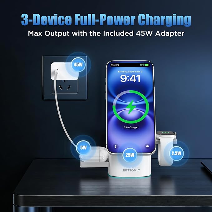 3 in 1 Wireless Charging Station for Apple & Samsung, 25W Fast Magnetic Wireless Charger Stand for Magsafe iPhone 17/16/15/14/13/12 Pro Max, Galaxy S25/24/23/22, AirPods, iWatch (with 45W Adapter)