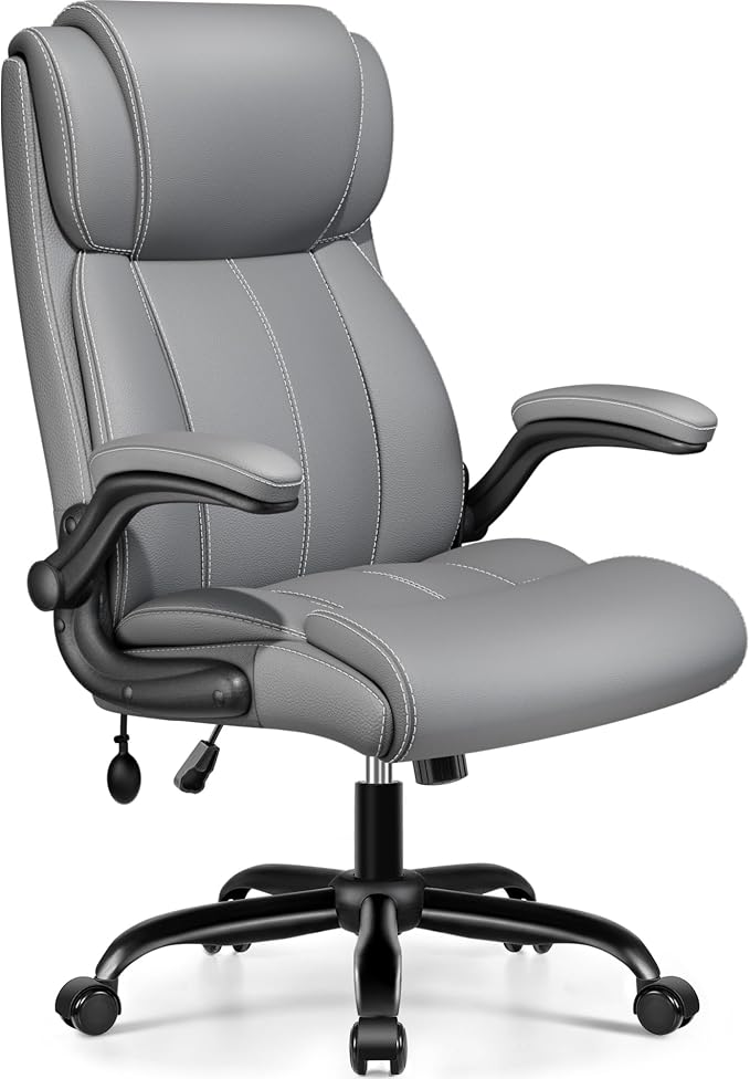 BESTFAIR Ergonomic Office Chair - Desk Computer Chair, Leather High Back Executive Chairs with Adjustable Lumbar Support & Flip Up Arms, Gray 2 Pack