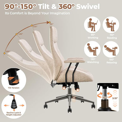 ovios Executive Ergonomic Office Chair, High Back Comfy Faux Suede Leather Computer Chairs, Mid-Century Modern Swivel Rolling Task Armchair, Beige
