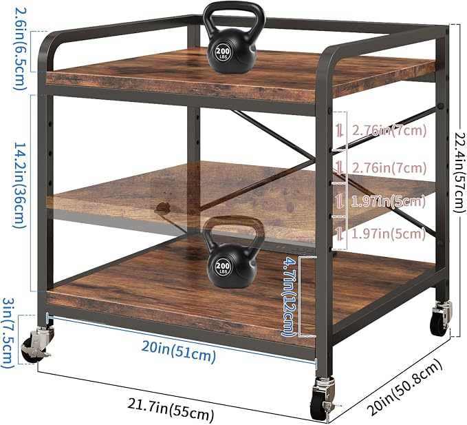 METYERRY Under Desk Printer Stand with Power Outlet,2 Tier Large Printer Table with Adjustable Shelf,Rolling Printer Cart with Industrial Wheels for Home Office,20"×20" Rustic Brown