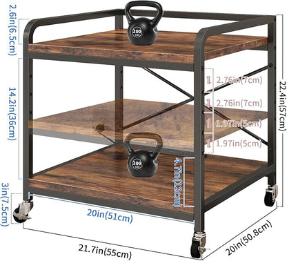 METYERRY Under Desk Printer Stand with Power Outlet,2 Tier Large Printer Table with Adjustable Shelf,Rolling Printer Cart with Industrial Wheels for Home Office,20"×20" Rustic Brown