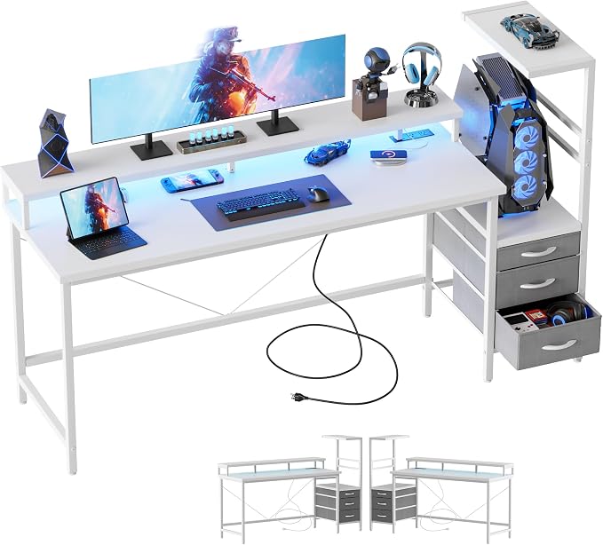 Mericonia 60 inch Gaming Desk with LED Lights & Power Outlets, Reversible Computer Desk with Storage Drawers & Monitor Stand, Large Gaming Table for Home Office