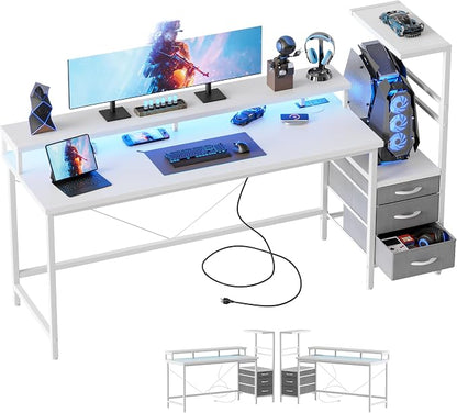 Mericonia 60 inch Gaming Desk with LED Lights & Power Outlets, Reversible Computer Desk with Storage Drawers & Monitor Stand, Large Gaming Table for Home Office