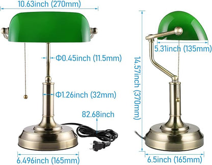 TORCHSTAR Green Glass Bankers Desk Lamp with Pull Chain, E26 Base | Brass Finish Base, Antique Traditional Library Lamp for Office Study Room, Bulbs not Included