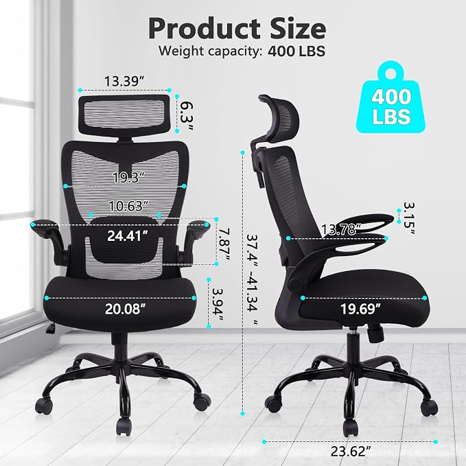 CLATINA Heavy Duty Ergonomic Mesh Office Chair 400LBS, Big and Tall Desk Chair with Adjustable Lumbar Support & Headrest, Flip Up Padded Arms, Swivel Computer Chair for Home, Conference, Black, 4 PACK