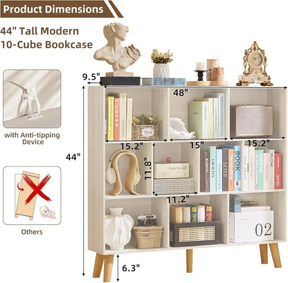 LEYAOYAO 10 Cube Bookshelf,3 Tier Modern Wide Bookcase with Legs,Mid-Century Wood Bookshelves Storage,Light Grey White Large Book Case,Freestanding Organizer Display Shelf for Living Room,Office
