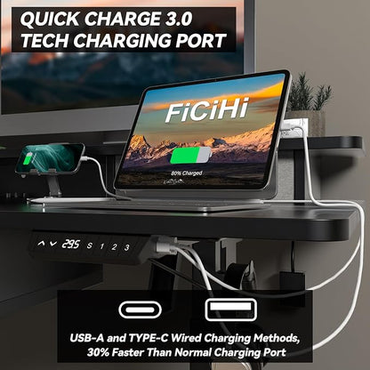 FiCiHi Adjustable Height Standing Desk with 4 Drawers,63 x 30 inches Electric Sit Stand Home Office Desk with Two Tiers, 3 Memory Presets, Monitor Stand Riser, USB A/C Charging Port