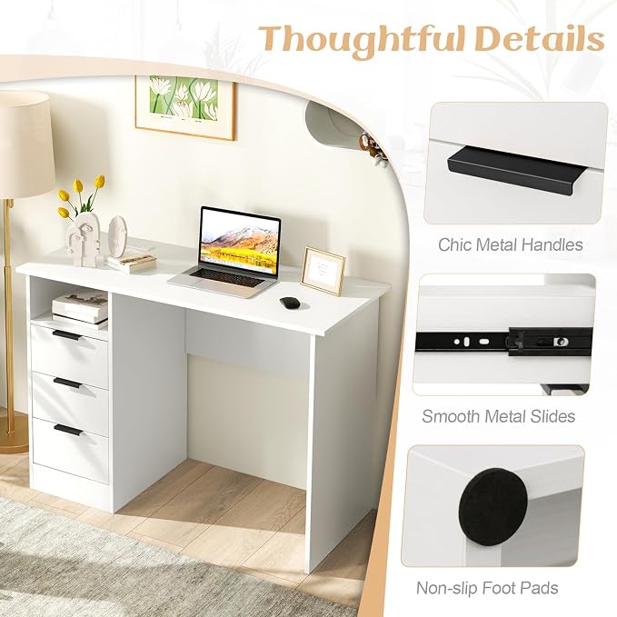 Giantex White Desk with Drawers, Modern Computer Desk with Charging Station, PC Laptop Table Computer Workstation with Storage, Makeup Vanity Table, Writing Desk for Bedroom
