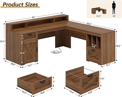 YOMILUVE 63" L Shaped Desk with Drawers, Farmhouse Corner Computer Desk with Power Outlets, Storage Cabinet, Home Office Executive Desk with Long Monitor Stand, Brown