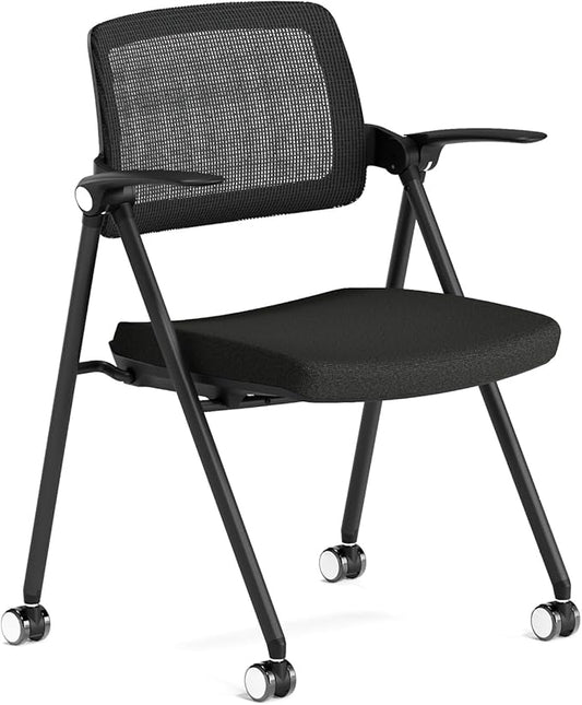 Stackable & Foldable Office Chair, Folding Desk Chair with Flip-Up Armrest, Breathable Mesh, Thick Seat Cushion & Rocking Backrest, Conference Room Chair with Wheel (Black，1)