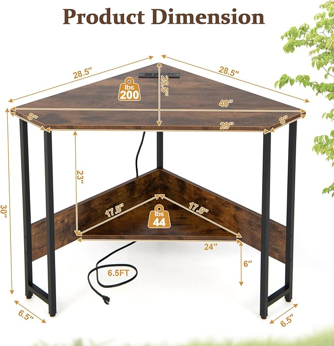 COSTWAY Corner Computer Desk, with USB Ports & Power Outlet, Storage Shelf for Small Space, Triangle Steel Frame Corner Desk for Home Office, Workstation (Rustic Brown)