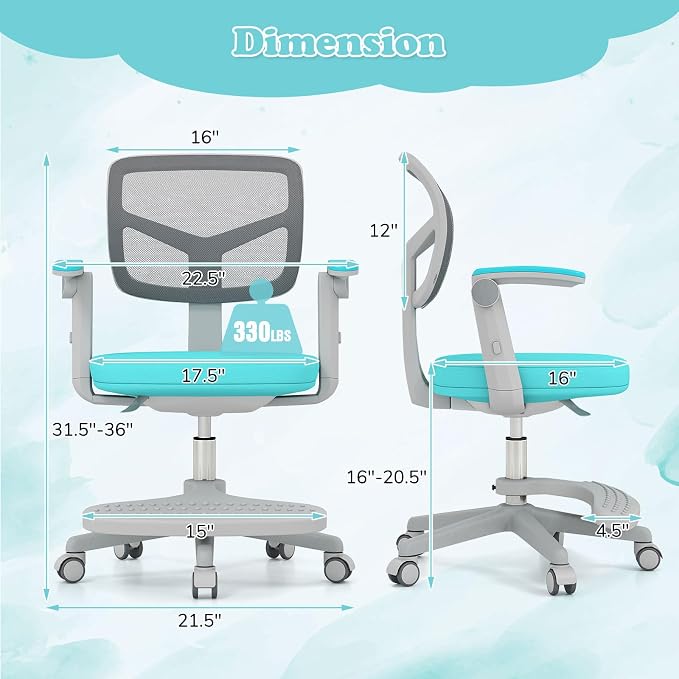 Giantex Kids Desk Chair, Ergonomic Adjustable Student Rolling Chair with Footrest & Flip-up Armrest, Mesh Children Office Chair with Universal Wheels, Kids Computer Chair for Boys & Girls, Turquoise