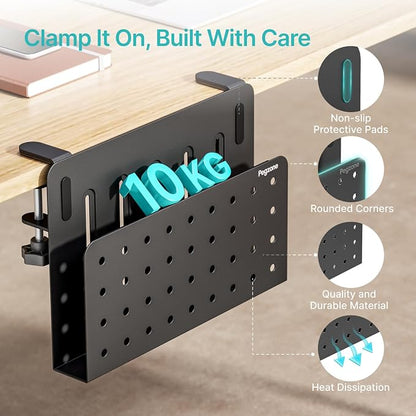 PEGZONE Desk Side Storage Organizer, No Drill Under Desk Laptop Holder, Clamp on Desks Shelf with Pegboard Accessories, Hanging Laptop Mount, Fits Flat Edge 0.4" to 2.2", Black