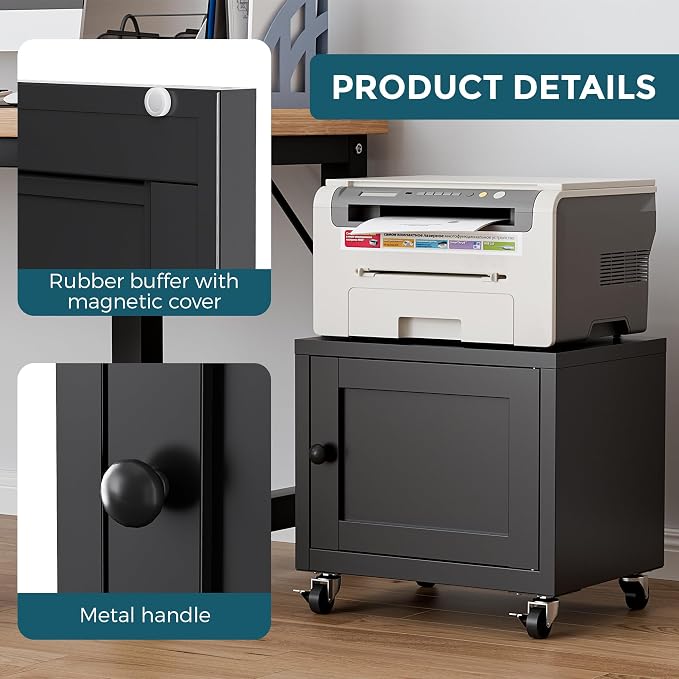 Small Printer Stand with Storage, Home Office Printer Table for Small Spaces, Under-Desk 3D Printer Stand with Wheels, for Office Copier and Fax Machine, Black
