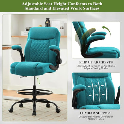 Drafting Chair Tall Office Chair for Standing Desk, Ergonomic Tall Desk Chair with Adjustable Foot Ring, Flip-Up Armrests, Lumbar Support, Comfortable Fabric Seat – Ideal for Home and Office Use