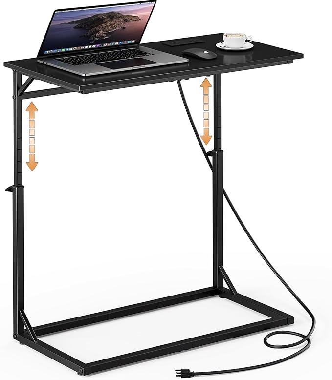 Vagusicc C Shaped End Table with Charging Station, C-Table End Table Adjustable Height Side Table for Couch, Large Couch Tables,Slide Under Sofa Tables TV Tray Arm Tables for Living Room,Bedroom,Black