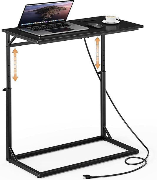 Vagusicc C Shaped End Table with Charging Station, C-Table End Table Adjustable Height Side Table for Couch, Large Couch Tables,Slide Under Sofa Tables TV Tray Arm Tables for Living Room,Bedroom,Black