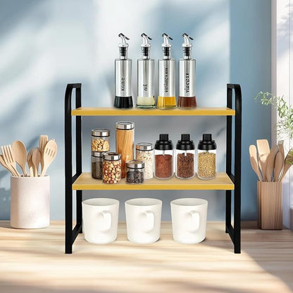 Desktop Shelf Organizer Office Desk Shelf for Top of Desk Wood & Metal Bookshelf Supplies Storage Rack (Black&Walnut)