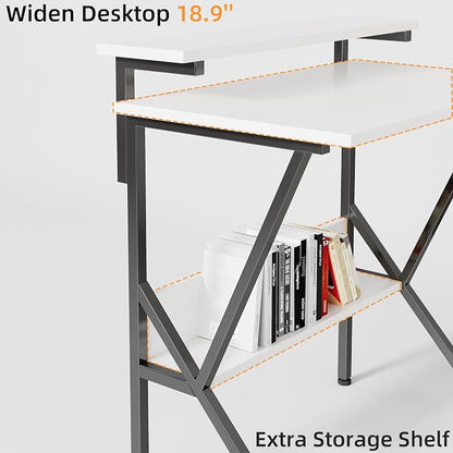 COTUBLR Small Desk, Small Computer Desk for Spaces, 27.5 Inch Computer Desk with Adjustable Monitor Stand, Compact Desk with Storage for Bedroom Home Office, White Tabletop+Black Frame