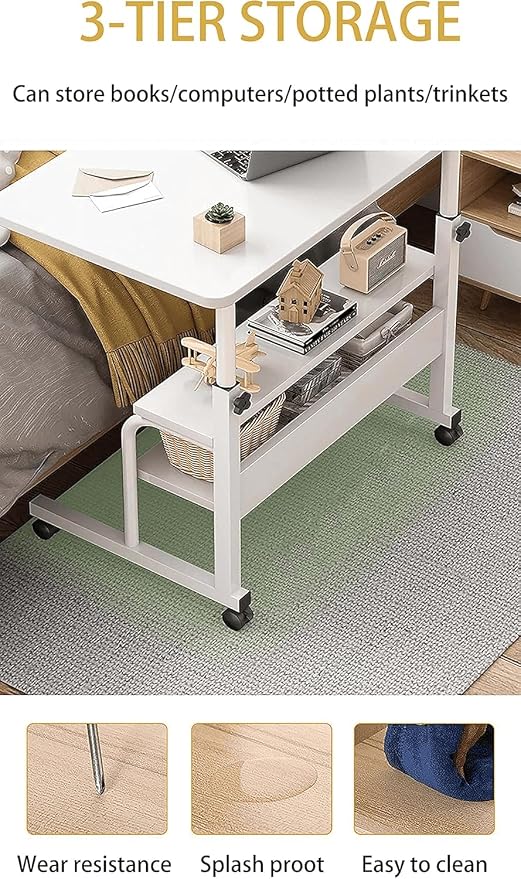 Adjustable Height Mobile Computer Desk for Small Space Rolling Writing with Wheels Corner Home Office Study Portable Bedrooms Work Size 31.5x15.7 Inch Storage Gaming Table, White A