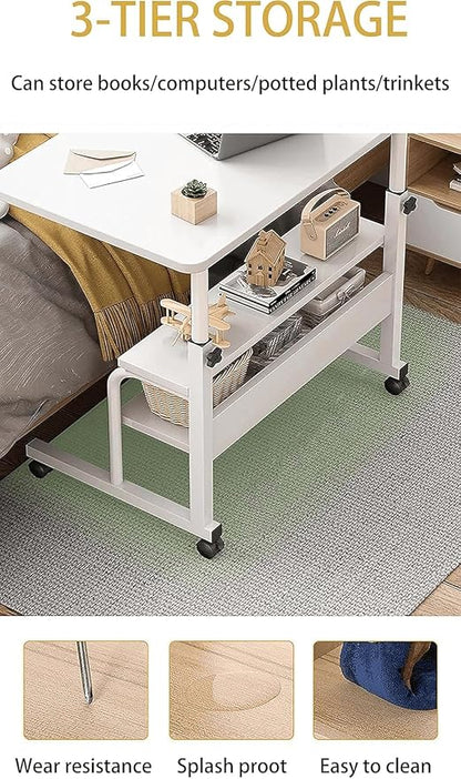 Adjustable Height Mobile Computer Desk for Small Space Rolling Writing with Wheels Corner Home Office Study Portable Bedrooms Work Size 31.5x15.7 Inch Storage Gaming Table, White A