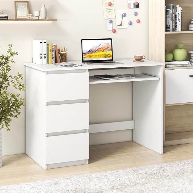 Giantex White Desk with Drawers, Modern Computer Desk with Charging Station & Keyboard Tray, Laptop PC Computer Workstation, Study Writing Desk for Bedroom