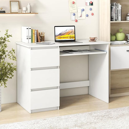 Giantex White Desk with Drawers, Modern Computer Desk with Charging Station & Keyboard Tray, Laptop PC Computer Workstation, Study Writing Desk for Bedroom