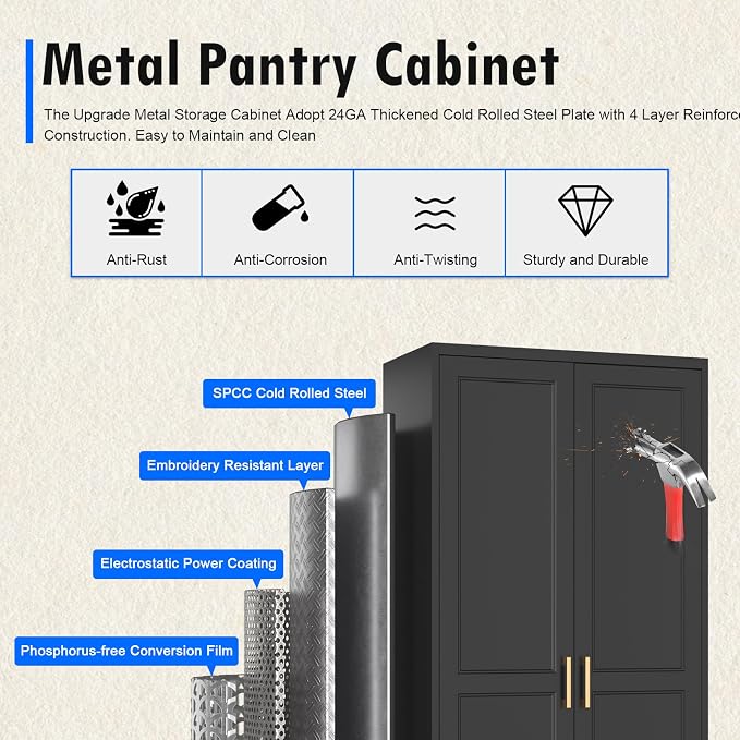 Polup Pantry Cabinet, 71 Inch Tall Kitchen Storage Cabinet, Metal Pantry Cabinet with Doors and Adjustable Shelves, Freestanding Heavy Duty Steel Utility Cupboard for Garage, Laundry, Black