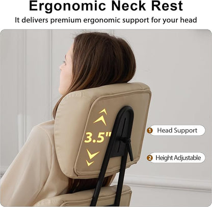 E-Motie Ergonomic Leather Office Chair, Computer Desk Chair, Beige | Adjustable Headrest, 360° Swivel & Rolling Wheels, Lumbar Support, Padded Arms, High Back, for Long Hours Sitting