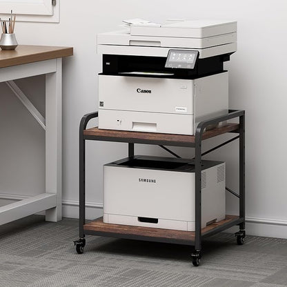 Fannova Under Desk Printer Stand, 20 Inches Deep Large Printer Table with Height Adjustable Storage Shelf, 2 Tier Rolling Printer Cart with Wheels for Home Office - Rustic Brown