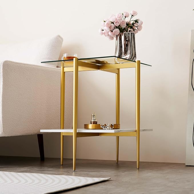 LumFurn Square Glass End Table, Mid-Century Modern Design Sofa Table, for Living Room, L18 x W18 x H23, Clear Glass Top and White Marble MDF Shelf, Sleek Conical Metal Legs with Gold Finish