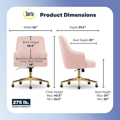 Serta Scarlett Modern Office Chair, Pleated and Curved Mid-Back Desk Chair, Pocket Coil Seat Cushion, Padded Armrests, Vanity Armchair with Wheels, Swivel Gold Base, Pink Velvet Fabric