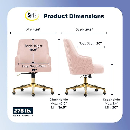 Serta Scarlett Modern Office Chair, Pleated and Curved Mid-Back Desk Chair, Pocket Coil Seat Cushion, Padded Armrests, Vanity Armchair with Wheels, Swivel Gold Base, Pink Velvet Fabric